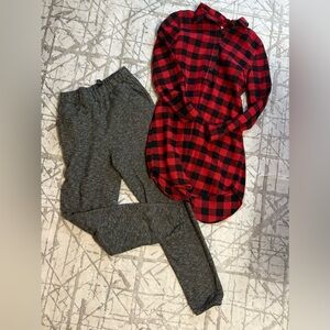 Forever 21 Red and Black Plaid dress shirt and sweats. Small.